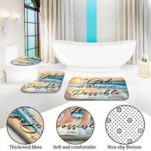 1pc/4pcs Beach Scenery Pattern Bathroom Decor Shower Curtain Set, Free 12 Hooks Included, Elegant Holiday Atmosphere, Bathroom Mat, U-Shaped Floor Mat And Round Toilet Mat, Suitable For All Scenarios Bathroom Set - Beach Text - View 7