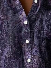 Plus Size Women Retro Cashew Flower Print Button Down Short Sleeve Shirt Blouse Vacation Summer - Purple - View 9