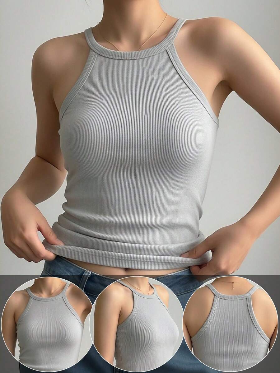 1件女士基础款吊带背心,休闲舒适细肩带无袖修身罗纹打底衫 - 灰色 - 查看 1