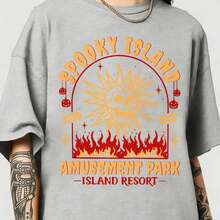Spooky Island Amusement Park T-Shirt, Retro 2000s Halloween Movie Shirt, Disco Skull, Summer Spooky T-Shirt, 90s Nostalgia Halloween Tee For Halloween-Motion Tee - 淺灰色 - 查看 6