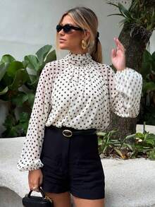 女士时尚休闲波点蝴蝶结宽松衬衫，优雅长袖上衣，春季必备 - 米色 - 查看 2