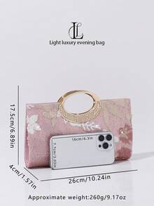 Sac de soirée de luxe pour femme avec fleurs et sequins, sac de mariage, de fête ou de bal de promo avec poignée en cristal circulaire (motif aléatoire) - Rose bonbon - Voir 4