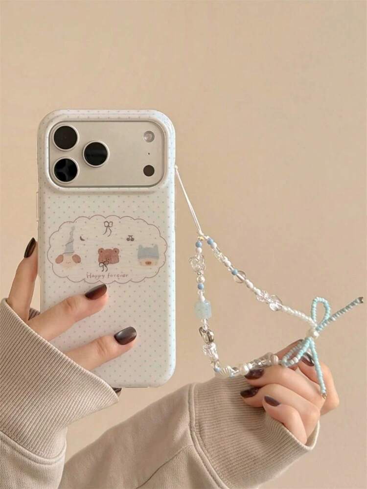 可爱简约波点动物图案手机壳，兼容 17 Pro Max、16 Pro、15、14，带链条，全方位保护 - 白色 - 查看 4