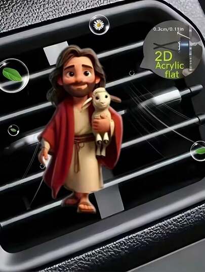 2d Flat, 1pc Cartoon Jesus Holding The Lamb Pattern Car Air Vent Clip Decoration, "No Fragrance" Odorless Car Interior, Comes With Odorless Sponge Piece, Can Add Your Favorite Fragrance, Acrylic Luxury Cartoon Decoration Small Gift, Fashionable Car Interior Accessories, Can Be Used As Holiday Gifts, Suitable Easter, Mother'S Day, Independence Day, Wedding Season, Graduation Season