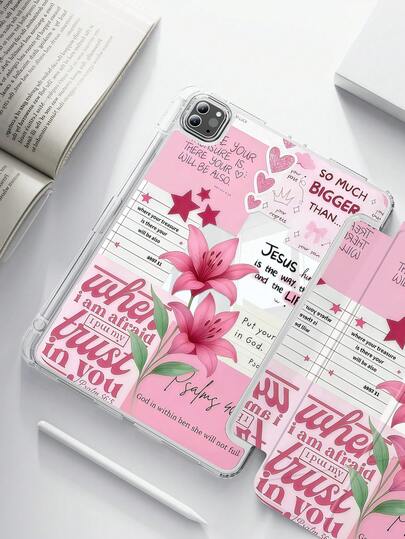 1个可爱卡通百合花字母印花双面亚克力透明水晶后盖，防震耐用，适用于iPad第7、8和10代（10.2英寸）。内置笔槽，支持睡眠/唤醒功能。是万圣节和新年的理想礼物。