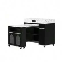 Kitchen Island With Wheels, Extendable Dining Table With Power Strips And Ribbed Glass, Sideboard With One Drawer, Serves As A Kitchen Island, Sideboard For Kitchen And Dining Room (Black) - Black - View 1