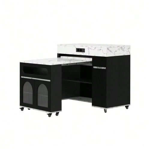 Kitchen Island With Wheels, Extendable Dining Table With Power Strips And Ribbed Glass, Sideboard With One Drawer, Serves As A Kitchen Island, Sideboard For Kitchen And Dining Room (Black) - Black - View 1