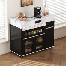 Kitchen Island With Wheels, Extendable Dining Table With Power Strips And Ribbed Glass, Sideboard With One Drawer, Serves As A Kitchen Island, Sideboard For Kitchen And Dining Room (Black) - Black - View 4