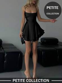 女士纯黑色优雅简约深V领双层荷叶边露背抽绳吊带迷你连衣裙 夏季 - 黑色 - 查看 5