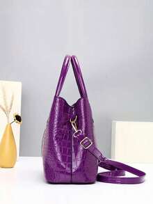 新款时尚女士母女包套装，亮面鳄鱼纹压花皮革大容量手提包 - 紫色 - 查看 3