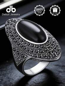 1pc S925 Sterling Silver Bohemian Mirror Polished Ring, Pave Set Black Stone Main Gemstone, Vintage Chic Design, Suitable For Daily, Commute, Party Wear, Stackable Jewelry, Great Gift For Valentine's Day, Mother's Day, Comes With Gift Box - Bohemian Style - View 2