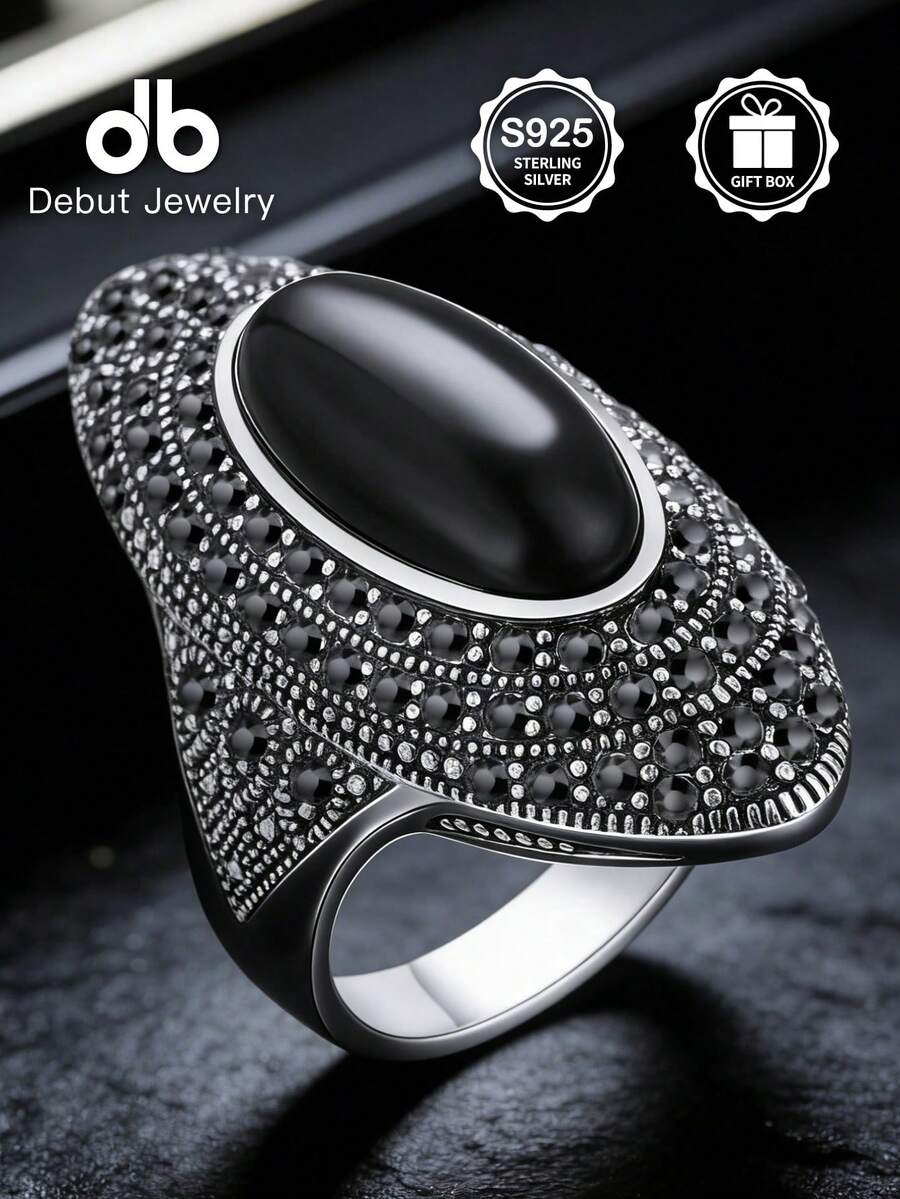 1pc S925 Sterling Silver Bohemian Mirror Polished Ring, Pave Set Black Stone Main Gemstone, Vintage Chic Design, Suitable For Daily, Commute, Party Wear, Stackable Jewelry, Great Gift For Valentine's Day, Mother's Day, Comes With Gift Box