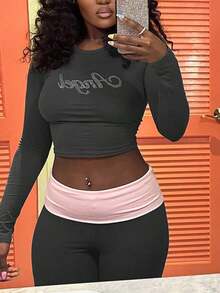 Women 2 Pieces Sets Bodycon Long Sleeves Slim Flared Trousers Casual Fall Winter Streetwear Angle Rhinestone Daily Valentine's Day Spring Clothes - 深灰色 - 查看 5