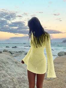 Women's Solid Color Sexy Hollow See-Through Backless Design Long Sleeve Coverup Crop Dress, Suitable For Beach Vacation, Spring/Summer White - 淺黃色 - 查看 6