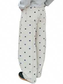 Women's 2026 Polka Dot Barrel Jeans Curved Sword Pants Boyfriend Y2K Casual Wide Leg Mid Rise Denim Pants - 天藍 - 查看 7