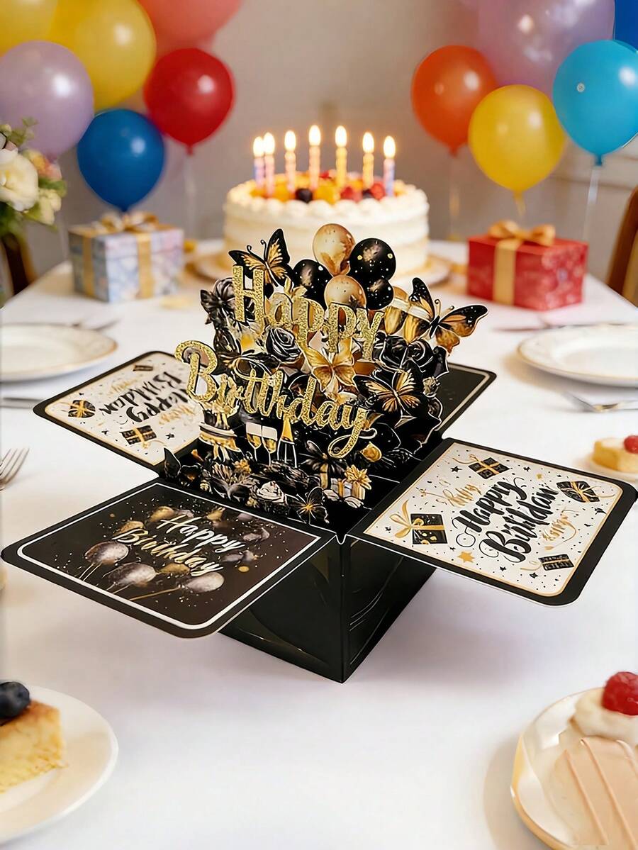 Black Gold Exploding Birthday Card - 3D Explosion Box Card, Surprise ...