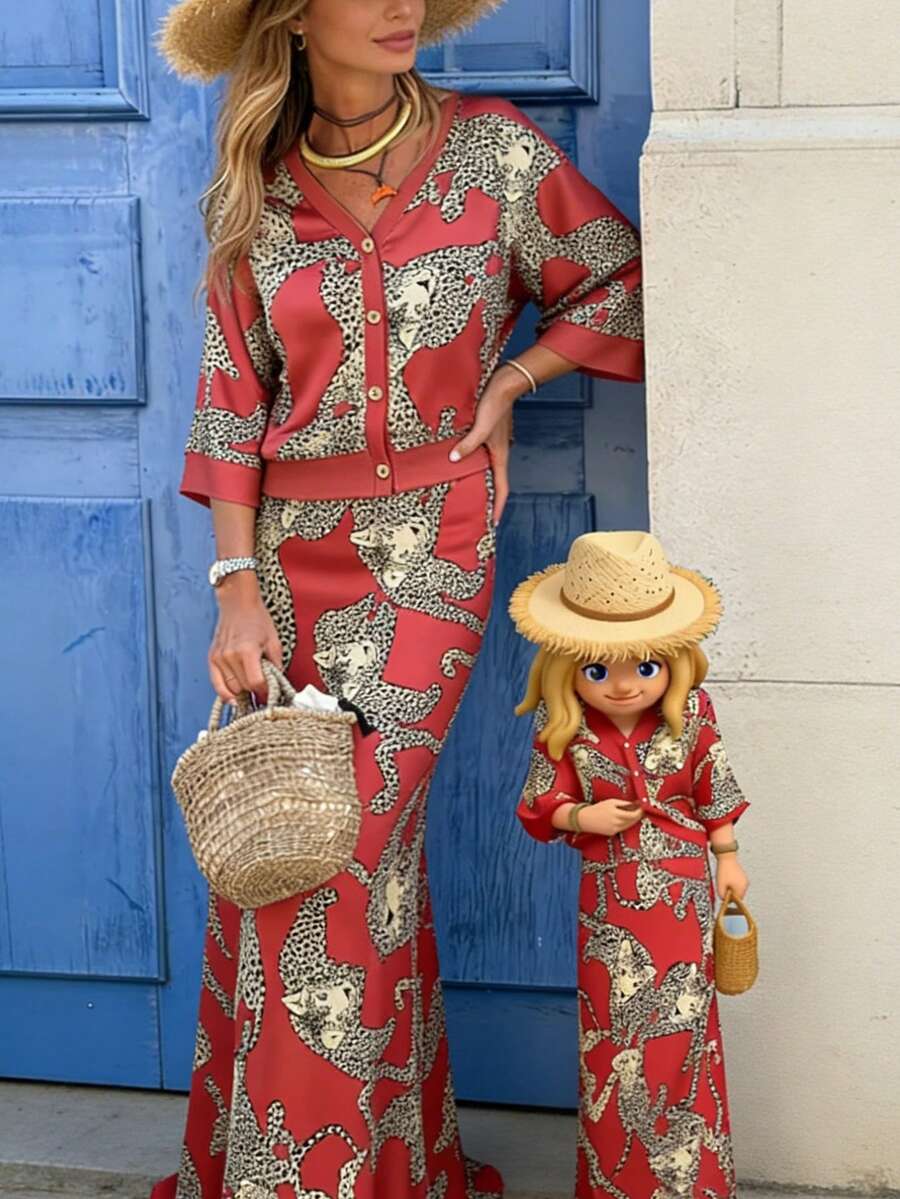 2pcs Women's Elegant Fashion Set, Including 1 Vintage Leopard Print Top And 1 Skirt, Casual Bohemian Style Outfit Spring