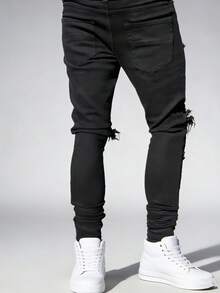 Men's Stylish Black Skinny Jeans Extreme Ripped Frayed & Ruched Ankle For Street Outfits Streetwear Casual Wear With Stretch Breathable Jeans - 黑色 - 查看 3