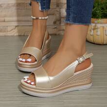 Giày sandal cao gót đế xuồng, quai ngang mắt cá chân, hở mũi, họa tiết dệt dành cho nữ, thích hợp cho mùa hè. - Vàng - Xem 1