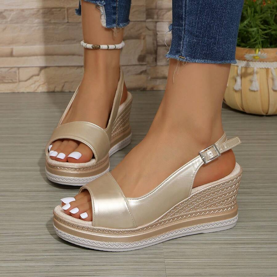 Giày sandal cao gót đế xuồng, quai ngang mắt cá chân, hở mũi, họa tiết dệt dành cho nữ, thích hợp cho mùa hè. - Vàng - Xem 1