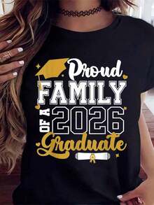 Proud Family Of A 2026 Graduate T-Shirt Graduation Cap And Diploma Design For Graduation Celebration, 220g - 黑色 - 查看 2
