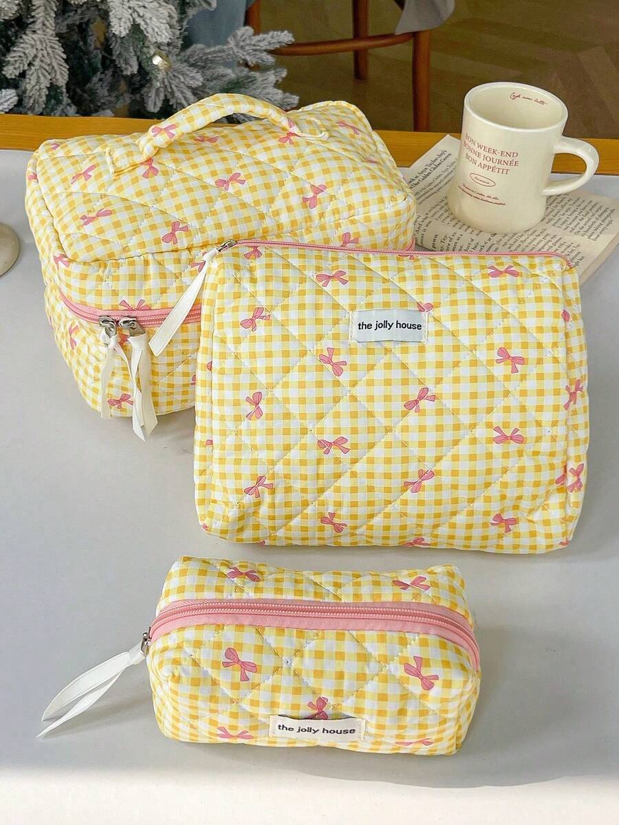 3pcs/Set Multi-Size Yellow Plaid Bow Makeup Bag, Multifunctional Cosmetic Organizer Bag, Ladies Small Makeup Pouch, Large Capacity Toiletry Bag, Suitable For Cosmetics, Chargers, Gift For Women, Girls, Students - Brown - View 1