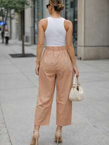 Pantalón dama mujer cintura elástica delgado y fresco para verano de moda casual unicolor - Champán - Ver 2