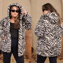 Plus Size Teddy Coat, Lined Inside, With Hood, Women's Cold Weather Overcoat - Multicolor - View 2