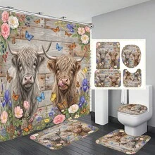 1pc/4pcs Highland Cow & Floral Retro Animal Pattern Multifunctional Bathroom Decor Shower Curtain Set, Free 12 Hooks Included, Elegant Holiday Atmosphere, Bathroom Mat, U-Shaped Toilet Mat And Round Toilet Mat, Suitable For All Scenarios Bathroom Set - Highland Cattle 2 - View 1