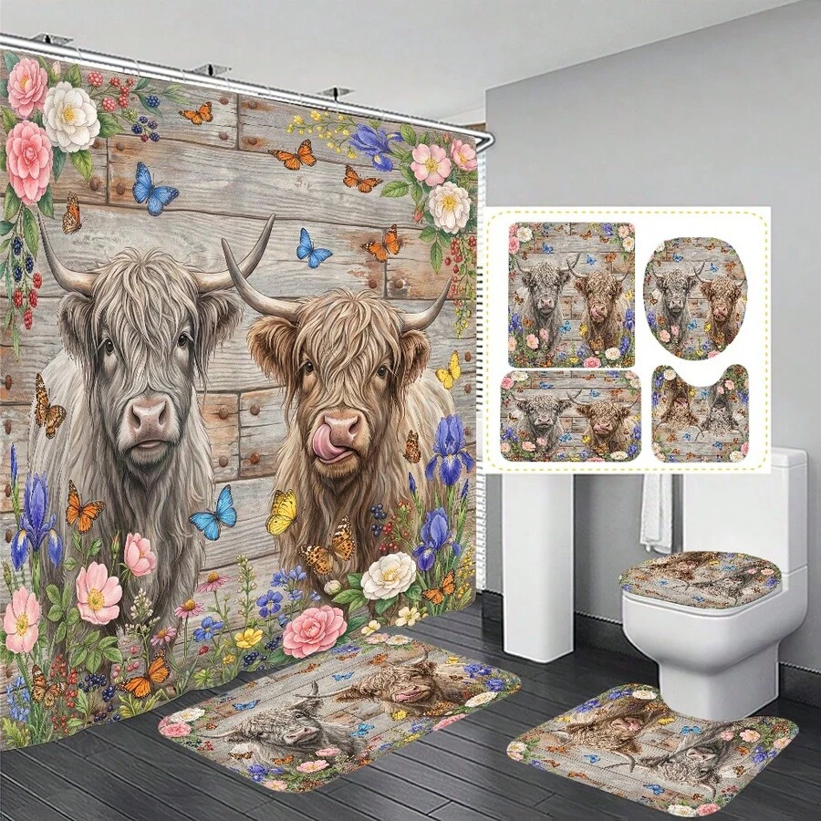 1pc/4pcs Highland Cow & Floral Retro Animal Pattern Multifunctional Bathroom Decor Shower Curtain Set, Free 12 Hooks Included, Elegant Holiday Atmosphere, Bathroom Mat, U-Shaped Toilet Mat And Round Toilet Mat, Suitable For All Scenarios Bathroom Set - Highland Cattle 2 - View 1