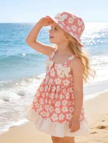 Bộ 2 món váy và mũ dễ thương cho bé gái, kiểu dáng thoải mái, giản dị, thắt nơ, dây đeo vai, họa tiết hoa, viền bèo nhún, thích hợp cho mùa hè mặc hàng ngày, hoạt động ngoài trời, cắm trại, kỳ nghỉ, tiệc trà, họp mặt, dự tiệc. - Màu Hồng  San hô - Xem 3