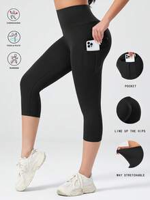 High Waist Fitted Flare Yoga Pants With Pockets, Casual Loose Wide Leg Trousers, Women Black - Black - View 3