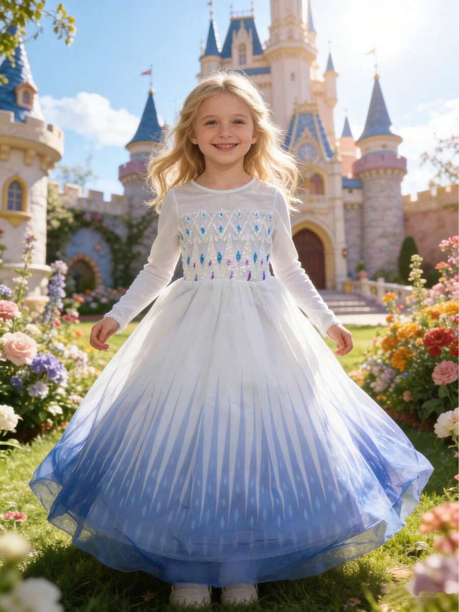 Young Girl Ombre Tulle Maxi Skirt Dress With Sequins And Long Train, Suitable For Outings, Parties And Other Major Events