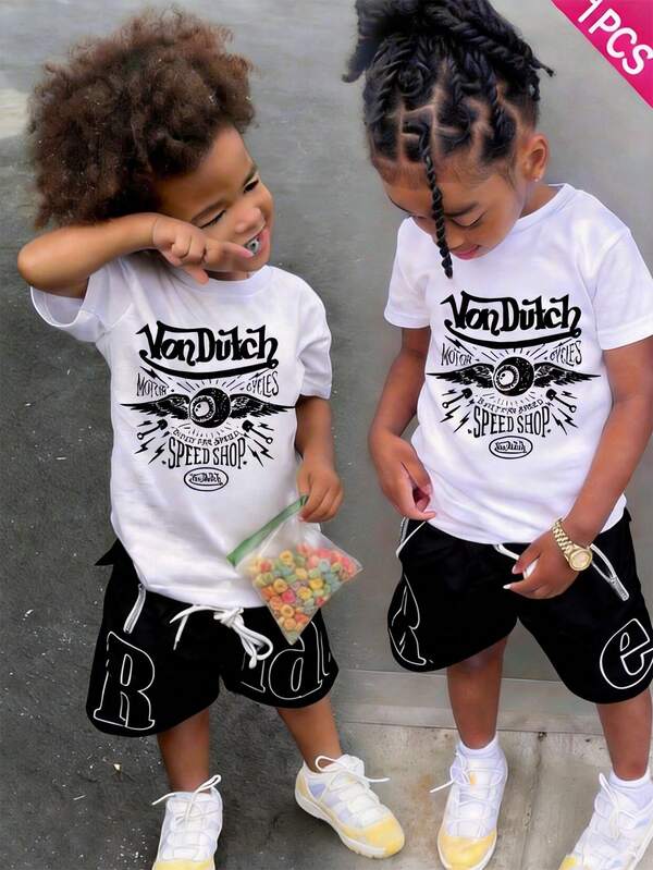 Camiseta de algodón de cuello redondo para niño, informal y cómoda, de manga corta, estampada, para primavera y verano.
