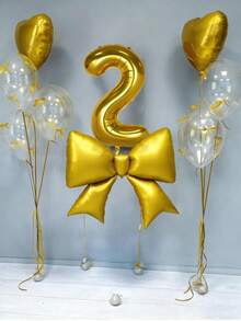 12pcs Birthday Decoration Set, Large Gold Bow Foil Balloons, 40-Inch Gold 0-9 Birthday Number Balloons, 18-Inch Gold Heart Balloons, Clear Latex Balloons (With Balloon Ribbons), Suitable For Birthday Party, Anniversary Decoration - Gold - View 2