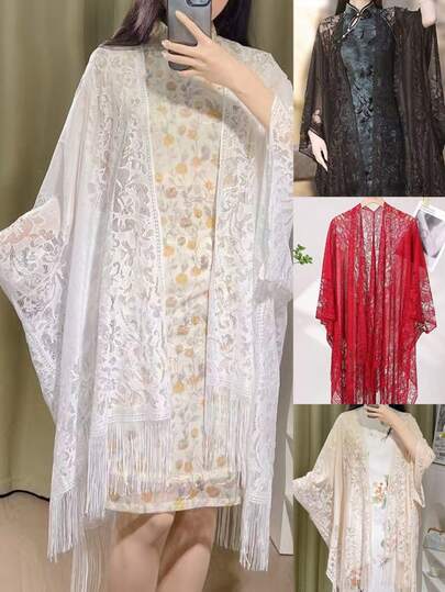 1pc New Floral Print Shawl, Fashionable Lightweight Elegant Versatile Tassel Decor Chiffon Cover Up