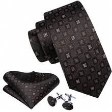 Bộ cà vạt nam màu nâu sẫm kẻ caro hình học - Bao gồm khăn cài túi áo, khuy măng sét và kẹp cà vạt vàng, cà vạt trang trọng cổ điển phù hợp cho các dịp công sở. - Cà phê nâu - Xem 2