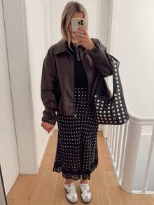 Women Satin Lace Trim Midi Skirt Polka Dot Print High Waist Long A-Line Skirts Vintage Silk Going Out Dress Y2k Streetwear Party Clubwear - 黑白-A - 查看 3