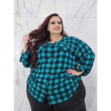 Camisa Xadrez Plus Size Feminina Manga Longa Viscolinho G1 ao G4 Confortável Moda Casual - Verde - Visão 2