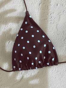 PEPPERMOLLY 新款柔软波点图案无袖交叉绑带比基尼套装，优雅女士夏季沙滩时尚比基尼度假 - 藍棕色 - 查看 4