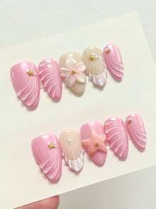 10张简约清新甜美ins风辛辣酷炫Y2K手绘贝壳图案、水滴图案、3D浮雕金珍珠、粉白五瓣雕花、粉色海星、金色五角星、短杏仁美甲贴纸，美甲贴花 - 粉色 - 查看 2
