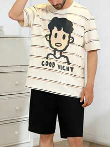 Men's Striped Cartoon Character Print Short Sleeve Shorts Pajama Set, Comfortable Summer Loungewear - Multicolor - View 3