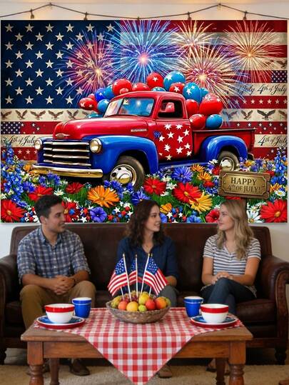 1 tấm phông nền xe tải cổ điển chủ đề yêu nước ngày Quốc khánh 4 tháng 7, hình ảnh cờ Mỹ đỏ trắng xanh, pháo hoa và hoa dại, chất liệu polyester chất lượng cao, nhiều kích cỡ, trang trí tiệc ngày Quốc khánh.