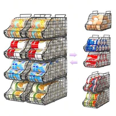 Organizador de latas de 8 unidades para despensa, apilable, estantes para gabinete de alimentos para refrigerador, almacenamiento de armario de alambre, sostiene hasta 72 cervezas, pequeño contenedor metálico para bebidas, estante para huevos y vasos para encimeras de cocina y caravana