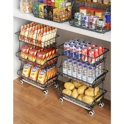 Organizador de almacenamiento y carrito con ruedas de 3 niveles, cestas de alambre apilables para despensa, estante de almacenamiento y soporte para frutas, verduras, snacks y talla grande