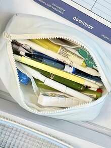 1个大容量简约铅笔盒 - 米色，学校和办公室收纳包，带笔槽和马克笔槽，耐用便携收纳袋，适合学生、教师、专业人士 - 兼容钢笔、铅笔、荧光笔 - 彩色 - 查看 11