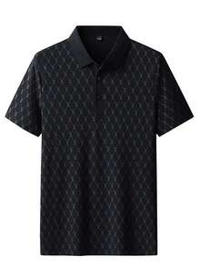 Men's Summer Ice Silk Breathable Polo Shirt, Soft Skin-Friendly Collared T-Shirt, Short Sleeve Letter Print Business Casual Tops, Emo - Black - View 2