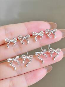 2pcs Fashionable Bow Decor Clip-On Earrings, Suitable For Women's Daily Wear And Accessorizing - Silver - View 3