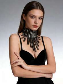 1件装女士朋克铆钉流苏颈圈领带，PU皮革可调节铆钉领带，适合哥特派对、锐舞节等场合 - 黑色 - 查看 7