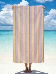 1pc Refreshing Purple & Yellow Striped Beach Towel, Soft Contrast Color Quick-Dry Bath Towel, Portable Beach Wrap For Vacation & Pool Photo Shoot - Multicolor - View 7